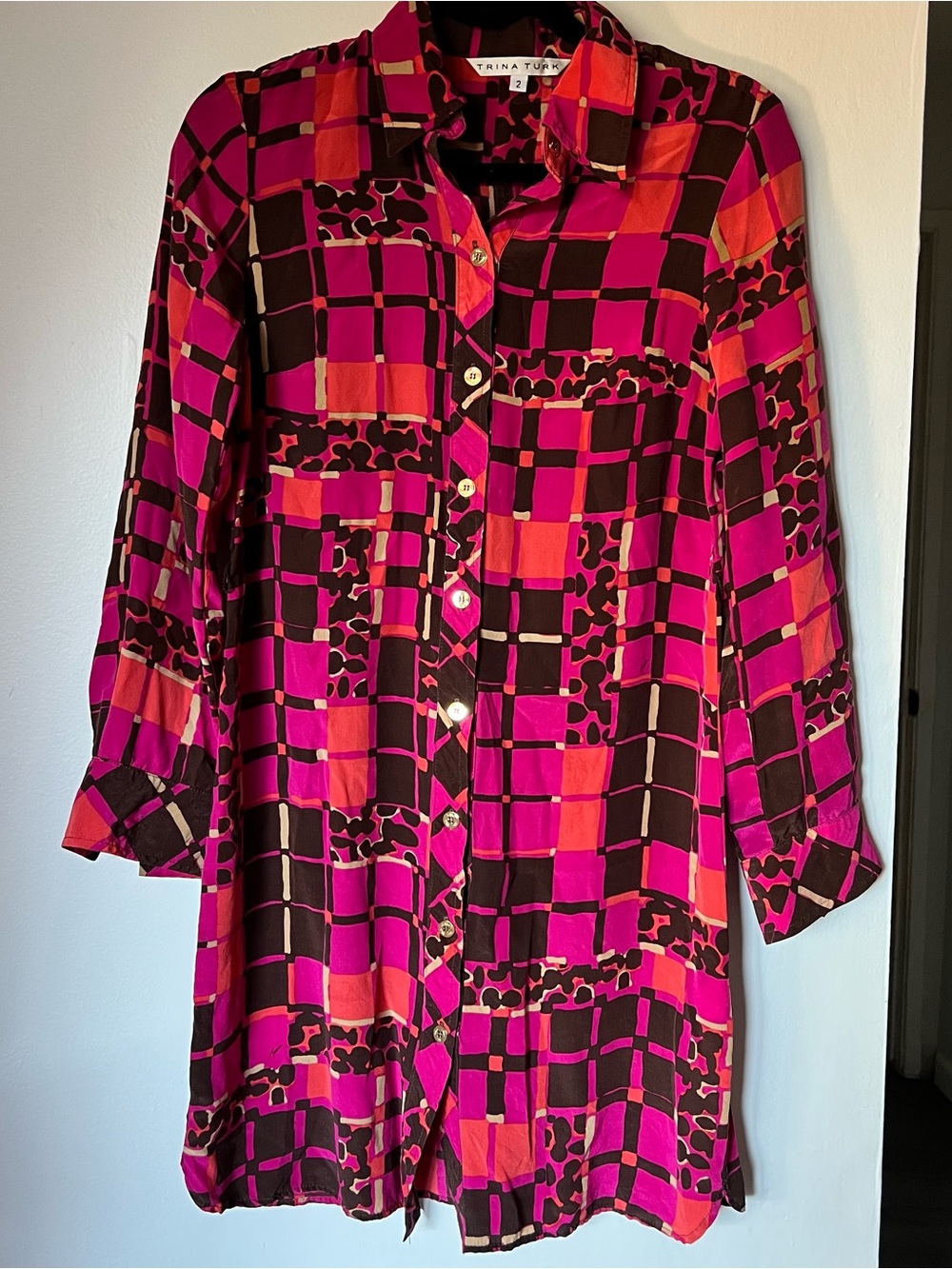 Trina Turk Silk Pink & Brown Geometric Print Button-Down Dress size 2